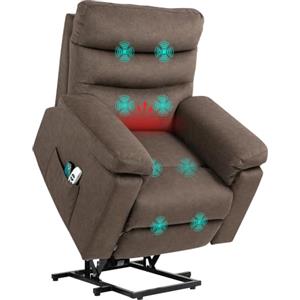 HOMCOM Poltrona Alzapersona Elettrica Reclinabile 87x92x105 cm Caffè | 8 Punti Massaggianti, Poggiapiedi, Poltrona Moderna, Tessuto Effetto Lino, Metallo