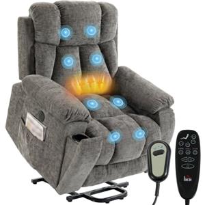HOMCOM Poltrona Elettrica Alzapersona Reclinabile 155° Grigio Scuro | Poltrona Relax Massaggiante 8 Punti, Riscaldata, Seduta Ampia, Ciniglia per Anziani, USB, Telecomando, Timer, Portabicchieri