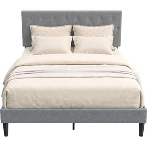HOMCOM Struttura Letto Matrimoniale 140x190 cm, Senza Materasso, Grigio | Letto Matrimoniale, Testiera Trapuntata Imbottita in Lino, Rete a 10 Doghe, Gambe in Acciaio, Montaggio Facile, Moderno