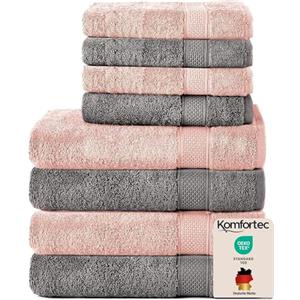 Komfortec Set di 8 Asciugamani 100% Cotone | 4 Asciugamani Bagno 70x140 cm e 4 Asciugamani Ospite 50x100 cm, Morbidi e Assorbenti, Antracite / Rosa