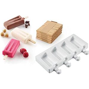 silikomart | GEL10M Stampo in Silicone per Gelati MINI VINTAGE, Antiaderente, 4 cavità, Confezione da 1 Stampo per Dolci + 50 Stecchi in Legno, Easy Ice Cream, 93 x 48 mm, h 18 mm, Made in Italy