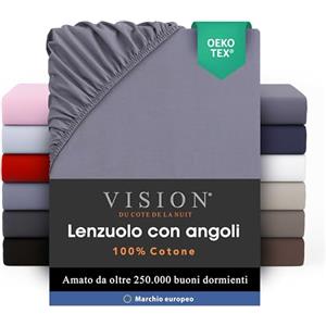 VISION Lenzuolo con angoli - 100% cotone - Letto matrimoniale (180 x 200 cm) - Angoli elasticizzati - Adatto a materassi fino a 30 cm - Certificato Oeko-Tex - Lavabile in lavatrice - Colore: grigio