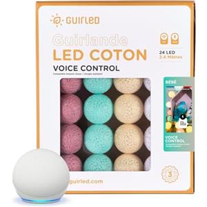GuirLED - Ghirlanda luminosa con sfere in cotone LED USB, controllo vocale - Amazon Alexa & Google Assistant - Programmabile all'infinito - Adattatore CA 2xUSB incluso - 24 Sfere da 2,4m - Bebe
