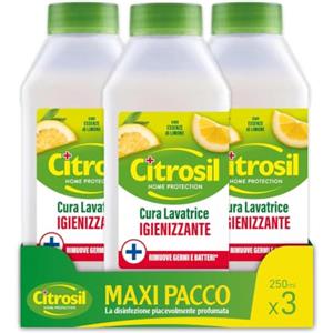 Citrosil Cura Lavatrice Igienizzante e Anticalcare 250 ml x 3 | Rimuove efficacemente sporco e calcare dall'interno della lavatrice, per un'igiene profonda e un fresco profumo di limone.