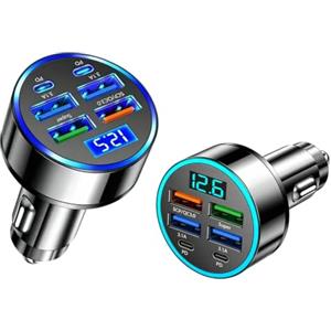 Wotrilw 2 Pezzi Caricatore Auto USB C 66 W, Adattatore Accendisigari a 6 Porte con USB-C, USB-A, Ricarica PD/QC e Voltmetro LED, per Smartphone, Tablet, GPS, Auto e Camper 12 V