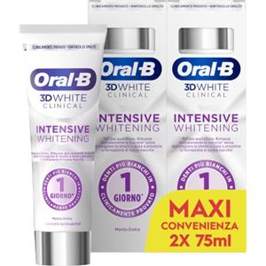 Oral-B Dentifricio Sbiancante 3D White Clinical, Denti Più Bianchi, 2x75ml | Dentifricio 3D White Clinical, Intensive Whitening Menta Dolce, Denti Più Bianchi in 1 Giorno, Rinforza lo Smalto, 2x75ml