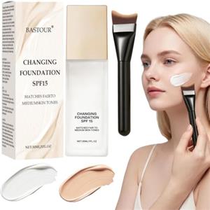 BASTOUR Mira Glow Fondotinta Pelli Mature Fondotinta Adattivo Over 50，1PC | SPF15 Fondotinta Cambia Colore con Spazzola Trucco, Texture Idratante, Naturale, Effetto Uniforme e Luminoso a Lunga Tenuta