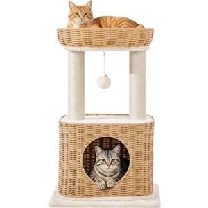 Yaheetech Albero Tiragraffi per Gatti in Rattan con Cuccia, 71,5 cm Beige | Rattan intrecciato, Cuscini soffici, 2 Pali in sisal, Cestino superiore con Palla appesa, Giochi per gatti piccoli e medi