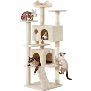 Yaheetech Albero Tiragraffi per Gatti Adulti Alto 178 cm XXL Beige | Torre in peluche a più livelli, con 3 posatoi, 2 casette, 3 pali di sisal e 2 palle di corda, giochi per più gatti da interni