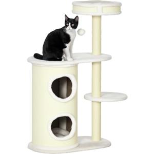 PawHut Albero Tiragraffi per Gatti Alto 100 cm, Torre per Gatti Crema | Palo Graffiatoio in Sisal, Cesto, Casetta a 2 Livelli, Pallina Pendente, Piattaforme