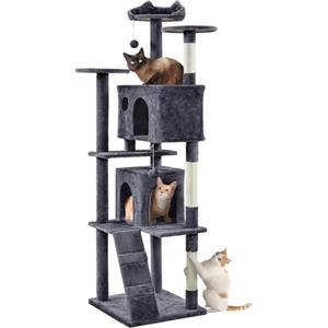 Yaheetech Albero Tiragraffi per Gatti Adulti Alto 202,5 cm Grigio Scuro | Torre multilivello in peluche, con 3 pali graffiatoi, 3 posatoi, 2 grotta e 2 pompon, gioco per gatti di taglia piccola/media