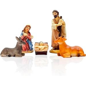 Generico Set MINI Natività 5 pz da h. 7 cm Presepe Statuine in Resina Classica con 5 soggetti Idea Regalo Personaggi Giuseppe Maria Gesù Bambino Asinello Bue Sacra Famiglia Grande