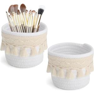 HENGBIRD Boho macramè - Set di 2 portapenne, organizer da scrivania con nappe, 12 cm x 10 cm, beige e iuta con 15 Pennelli Trucco