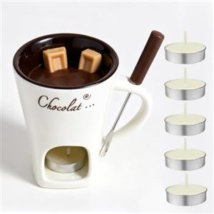 Taurion Tazza per fonduta al cioccolato, set con forchetta e lumino, 200 ml, in ceramica, multiuso, per formaggio, cioccolato, burro e caramello (bianco)