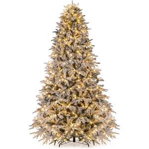 COSTWAY Albero di Natale Innevato 240/270 cm, Albero di Natale Innevato Pre-illuminato con 460/600 Luci LED Bianco Caldo, 1646/2198 Punte di Rami e Base in Metallo Pieghevole (240 cm)