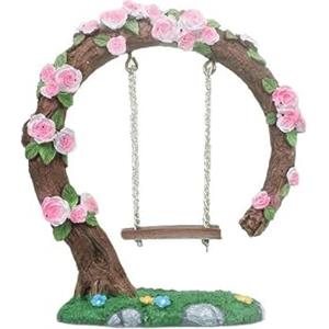MQIONGJOOY Altalena in miniatura per giardino delle fate, statuetta altalena a forma di albero di fiori, modello altalena per micro paesaggi, cortile, giardino, decorazione per esterni, casa delle bambole (fiore