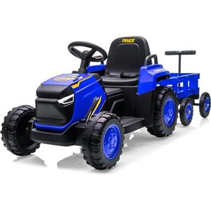 OPULENTHOME Trattore elettrico Bambino 12 V con Rimorchio Rimovibile E Telecomando,Blu | Trattore a pedali per bambini a 6 ruote con 2 x 35 W motori, musica, fari a LED,2 velocità,Veicolo All Terreno per 3 a 8 anni