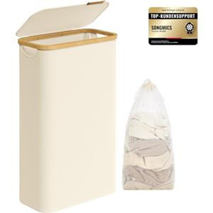 SONGMICS Cesto Portabiancheria con Coperchio, 65 L, Sacco Rimovibile | Cesta per Bucato, 42 x 22,5 x 70,5 cm, Pieghevole, Salvaspazio, Tessuto Oxford, Bianco e Bambù Chiaro, ROXANNE LCB506W01