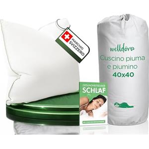 Welldora Cuscino 40x40, Premium 3-Camera, Piume e Piumini, Comfort Morbido | Cuscino in piuma dal tocco lussuoso da hotel, ideale per chi dorme supino o laterale | Cert. Oeko-Tex | Marchio Svizzero