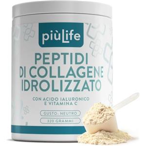 +LIFE Peptidi Di Collagene Idrolizzato In Polvere Tipo 1 PiùLife, 320 g | 10 g al giorno, Collagene Bovino, Acido Ialuronico e Vitamina C, Pelle Capelli Unghie e Articolazioni, Integratore da Bere
