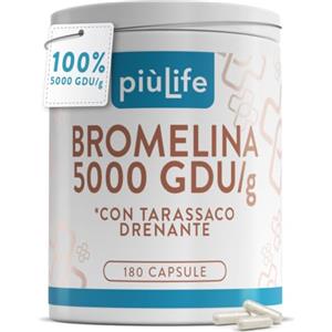 +LIFE Bromelina 5000 GDU/g 1200 mg PiùLife - 180 Capsule | 3 al giorno, 6000 GDU per dose, con 300 mg di Estratto di Tarassaco, Formula 100% Senza Miscele, Senza Glutine e Lattosio