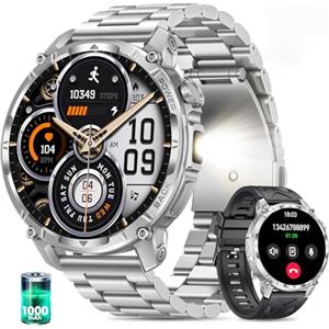 SLOKSFil Smartwatch Uomo con 1000mAh, Orologio Intelligente Fitness con Chiamate Bluetooth, 1.7" Militari Smart Watch Tracker 110+ Modalità Sportive Cardiofrequenzimetro Sonno Android iOS (Argento, Acciaio)