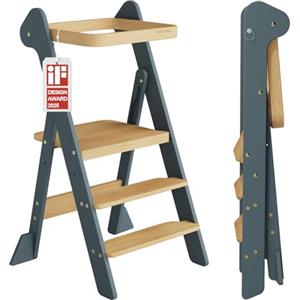 COSYLAND Torre Montessoriana Pieghevole Pre-Assemblata - Torretta Montessoriana Regolabile in Legno, Design Premiato IF, Sicura, Salvaspazio e Adatta ai Bambini 18M-6A (Blu Ardesia & Naturale)