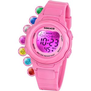 SOCICO Orologio digitale per bambini, resistente all'acqua 5ATM, orologio per bambini illuminato a 7 colori con sveglia e cronometro per bambine e bambini dai 5 ai 12 anni.