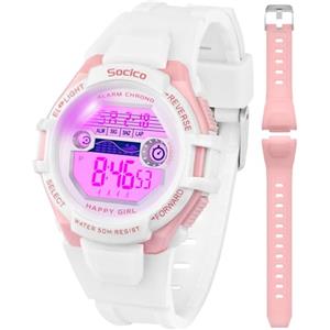 SOCICO Orologio digitale per bambini, resistente all'acqua 5ATM, orologio per bambini illuminato a 7 colori con sveglia e cronometro per bambine e bambini dai 5 ai 12 anni.