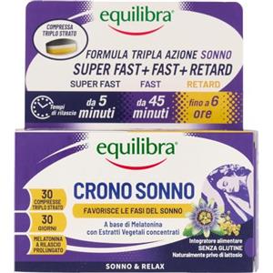 Equilibra Integratori Alimentari, Crono Sonno, Integratore a Base di Melatonina ed Estratti Vegetali in Compresse con Tecnologia Innovativa Super Fast + Fast + Retard, 30 Compresse Triplo Strato