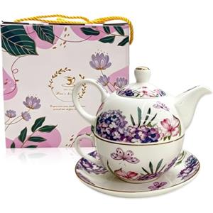 VETOLAKA Teiera in ceramica: set da tè per una persona, creativo con tazza e piattino, salvaspazio, per il tè del pomeriggio