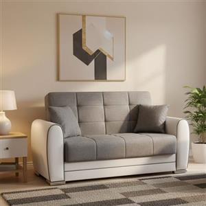 Dmora - Divano Letto con penisola Pablito, Divano Contenitore Reversibile in Ecopelle e Tessuto, Sofà Apertura Click-clack, 163x84h91 cm, Bianco e Grigio
