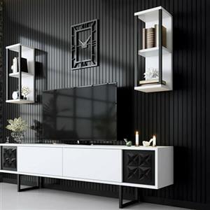 Dmora - Mobile porta TV Kaus, Credenza da soggiorno, Armadio basso per TV, Base parete attrezzata, 180x30h48 cm, Bianco e Nero
