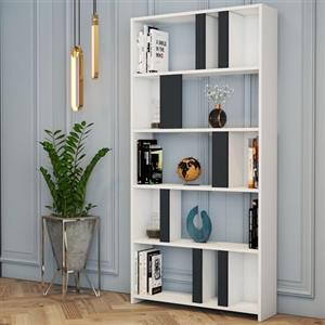 Dmora Libreria Nucleus 90x20x180h cm Bianco 4 Ripiani Installazione Libera, Biblioteca Sfumatura Colore Struttura Antracite