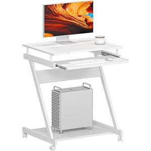 sogesfurniture Scrivania mobile per computer, scrivania in forma di Z, scrivania da ufficio salvaspazio con 4 ruote, estrazione della tastiera facile, colore: bianco