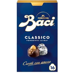 Perugina BACI PERUGINA Classico Cioccolatini Fondenti 200g | Cioccolatini fondenti ripieni al gianduia con granella di nocciole e nocciola intera. Scatola 16 cioccolatini 200g