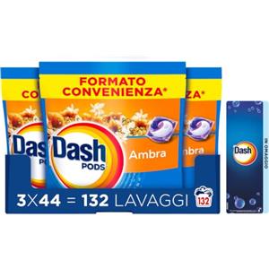 Dash Pods Detersivo Lavatrice in Capsule, 132 Lavaggi, Ambra + Omaggio | Rimuove macchie, igienizza in 1 lavaggio, 3 additivi integrati, segnalibro in regalo
