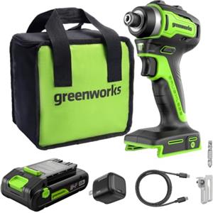 Greenworks 24V 220 Nm Avvitatore a percussione a batteria brushless Mandrino esagonale da 6,35 mm, batteria USB-C da 2,0 Ah, caricatore da 30 W e cavo da 1 m ID3220