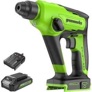 Greenworks Tools Perceuse à percussion sans fil GD24SDS1K2 (Li-Ion 24V SDS 1.2 Joule, calcestruzzo, martello/foratura, 2 modalità velocità, batteria al litio da 2 Ah e caricatore), Grey, Green, Black