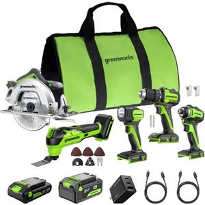 Greenworks 24V 5pcs combo (Trapano + Avvitatore a percussione + Sega circolare + Utensile multifunzione + Torcia), batterie USB-C da 4,0 Ah e 2,0 Ah, 2 cavi, caricatore rapido 65 W CK351