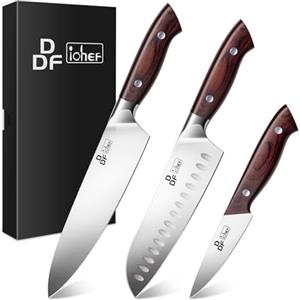 DDF iohEF Set di coltelli da cucina, 3 pezzi, set di coltelli da cucina affilati, coltello Santoku, coltello da chef professionale, coltello da ufficio in acciaio inossidabile
