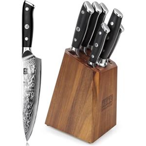 SHAN ZU Ceppo con 7 Pezzi Coltelli da Cucina Damasco e da Chef | 67 Strati in Acciaio 10Cr15MoV ad Alto Carbonio, Manico Ergonomico in G10 - PRO Series