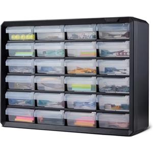 Amazon Basics Cassettiera Portaminuteria, Organizzatore in Plastica 24 Cassetti con Divisori per Ufficio/Attrezzi/Minuteria, Montabile a Parete, 16 x 54,1 x 40,1 cm, Nero