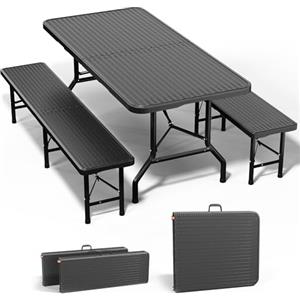 JUMMICO 3 Tavolo Giardino e Sedie da Esterno Set Birreria Pieghevole(Tavolo + 2 Panche) Effetto Rattan HDPE 300kg, Montaggio in 30 Secondi, Salvaspazio per Campeggio Spiaggia Picnic BBQ