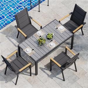 JUMMICO Set di Arredo da Giardino 4 Persone, Set di Tavolo 150 cm Design a Vena di Legno e 4 Sedie Impilabili da Esterno in Alluminio, Ideale per Cortile, Terrazza o Ai Margini della Piscina(Grigio)