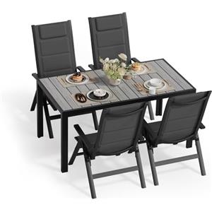 JUMMICO Set Tavolo e Sedie da Giardino, Composto da Tavolo 150 cm in Alluminio e 4 Sedie Pieghevoli, Tavolo da Giardino con Finitura a Vena di Legno con Sedie da Terrazza, Balcone(Grigio)