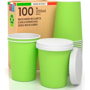 Baciato Caffè 100 Bicchieri Caffè ASPORTO in Carta Verde 200ml con COPERCHIO in Carta Bevande Calde e Fredde Tè Infusi Acqua Cappuccino Ecologici Biodegradabili Tazze Monouso Colorate + 100 Coperchi con Beccuccio