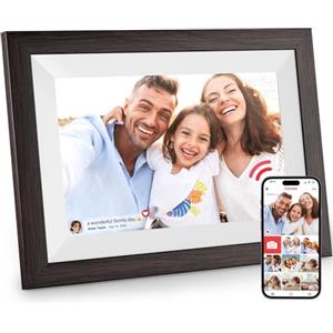 Hesmor Cornice digitale WiFi 10.1 Pollici Portafoto Digitale IPS Schermo Tattile 32GB Cornice Foto Digitale Elettronica Rotazione Auto Condividi Foto e Video Tramite Frameo, Nero e grano di legno