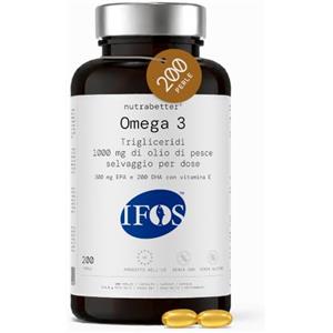 NUTRABETTER Omega 3 IFOS Olio di Pesce Selvatico 2000 mg in Trigliceridi | 1000 mg Omega-3: 600 mg EPA 400 mg DHA + Vitamina E | Certificato IFOS 5 Stelle | Alta Concentrazione 50% | 200 Capsule nutrabetter®