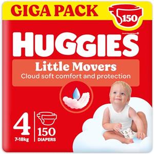 Huggies Little Movers, 150 Pannolini, Taglia 4 (7-18 Kg), Pacco Scorta | Pannolini Taglia 4, Doppie Fasce Laterali, Per Protezione Extra, Dermatologicamente testati